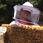 Courtney at age ten holding a frame of bees from “her own hive”